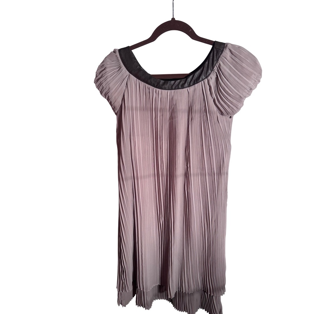 gdg actuel Mauve Taupe Pleated Mini Dress‎ Tunic Faux Leather Trim Size 3 T